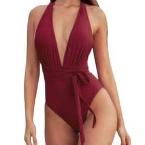 Cupshe Red Burgundy Deep V Neck One Piece Swimsuit
